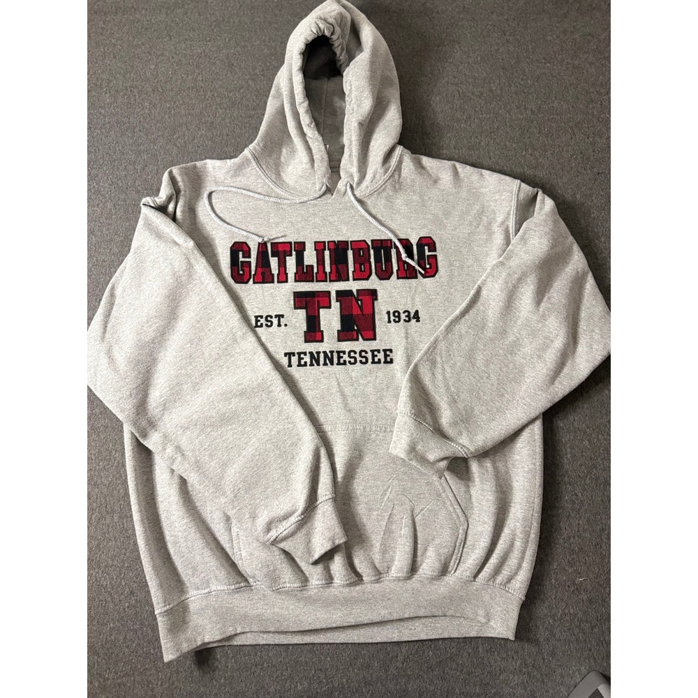 Gildan Gatlinburg Tennessee TN Hoodie Grey Buffalo Plaid Graphic Sweatshirt L